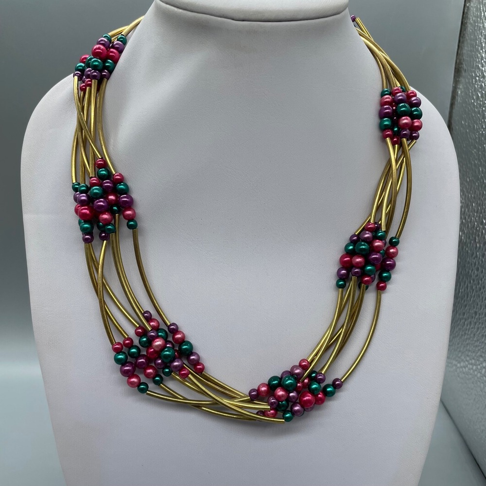 Vintage Gold Tone Multi Strand Bib Necklace Jewel Tone Faux Pearl Clusters 18in